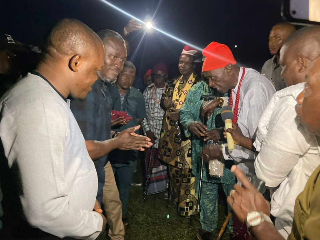 Front: Nton Bassey Nsan, Clan Head of Nde (Right), conferring Chieftaincy title "Nton Aseh Amfam" to Rt. Hon. Elvert Ayambem, Speaker of the Cross River State House of Assembly (Left)