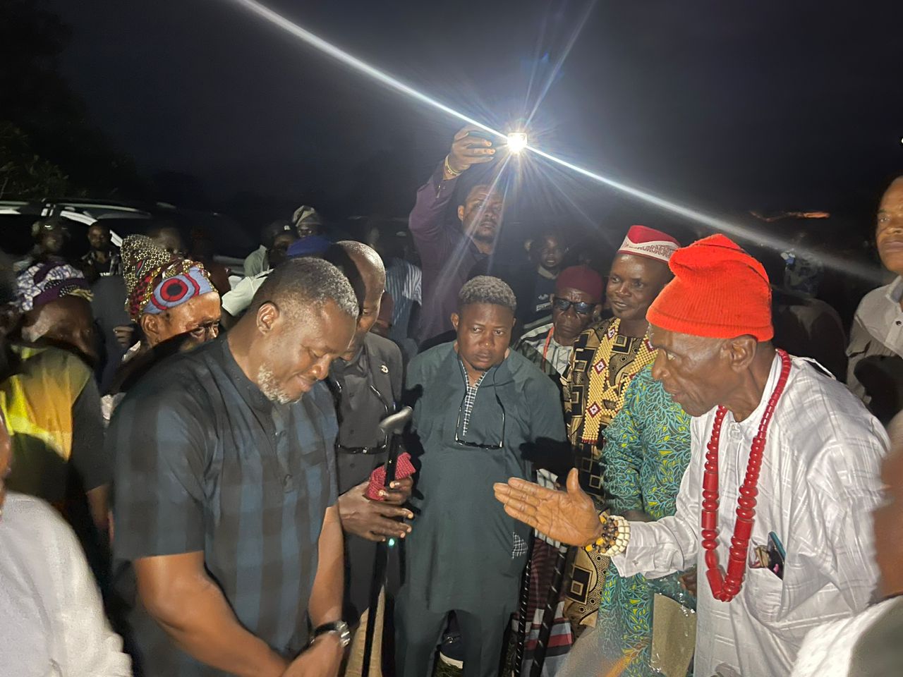 Front: Nton Bassey Nsan, Clan Head of Nde (Right), conferring Chieftaincy title "Nton Aseh Amfam" to Rt. Hon. Elvert Ayambem, Speaker of the Cross River State House of Assembly (Left)