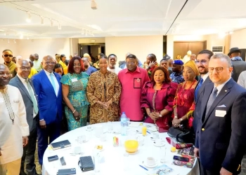 Cross River State Governor, Prince Bassey Otu (4th R) Seagull Carnival Band Leader, Dame Princes Florence Ita-Giwa (3rd R), Bayside carnival Band Leader, Her Excellency, Mrs, Onari Duke (5th L) flanked by MDs and CEOs of organizations during the 2023 Carnival Calabar Breakfast Round Table with CEOs in Wheat Baker Hotel, Lagos - Friday 02-11-2023