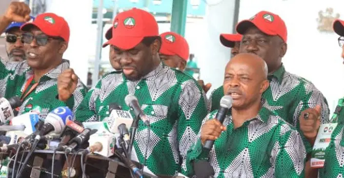 Comrade Joe Ajaero, NLC President (with microphone), flanked on his right by Comrade Festus Osifo, TUC President