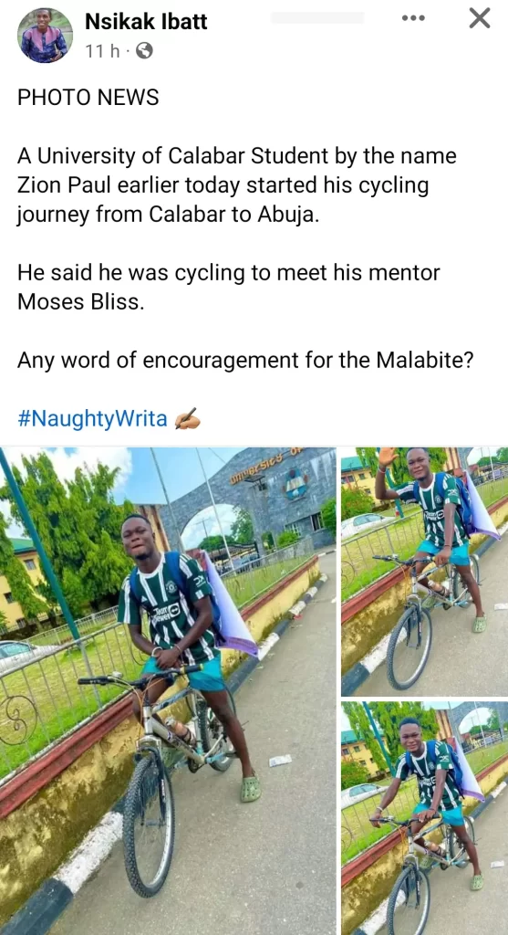 UNICAL Student Begins Journey With Bicycle From Calabar To Abuja To Meet Moses Bliss