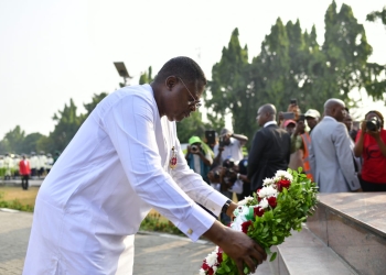 Cross River State Governor Prince Bassey Otu, laying a wreath at the cenotaph today, to commemorate the 2024 Armed Forces Remembrance Day wreath-laying ceremony at the Millennium Park, Calabar, Cross River State, Nigeria, West Africa (15/1/24).