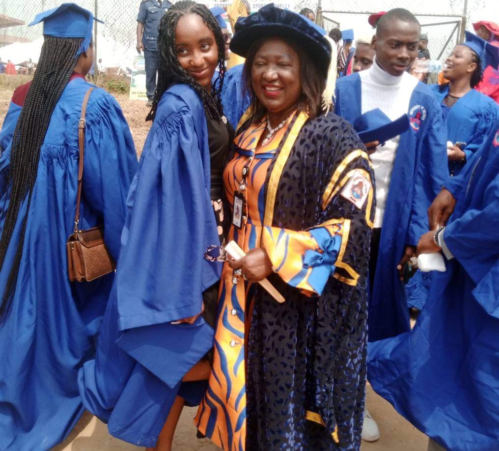 Prof. Florence Obi, Vice Chancellor of the University of Calabar (Right), with a newly admitted student during the 46th matriculation at the Abraham Ordia Stadium on Friday, 26 January 2024.