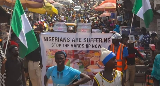 Protesters are seen protesting against the high cost of living in Niger State on February 7, 2024.