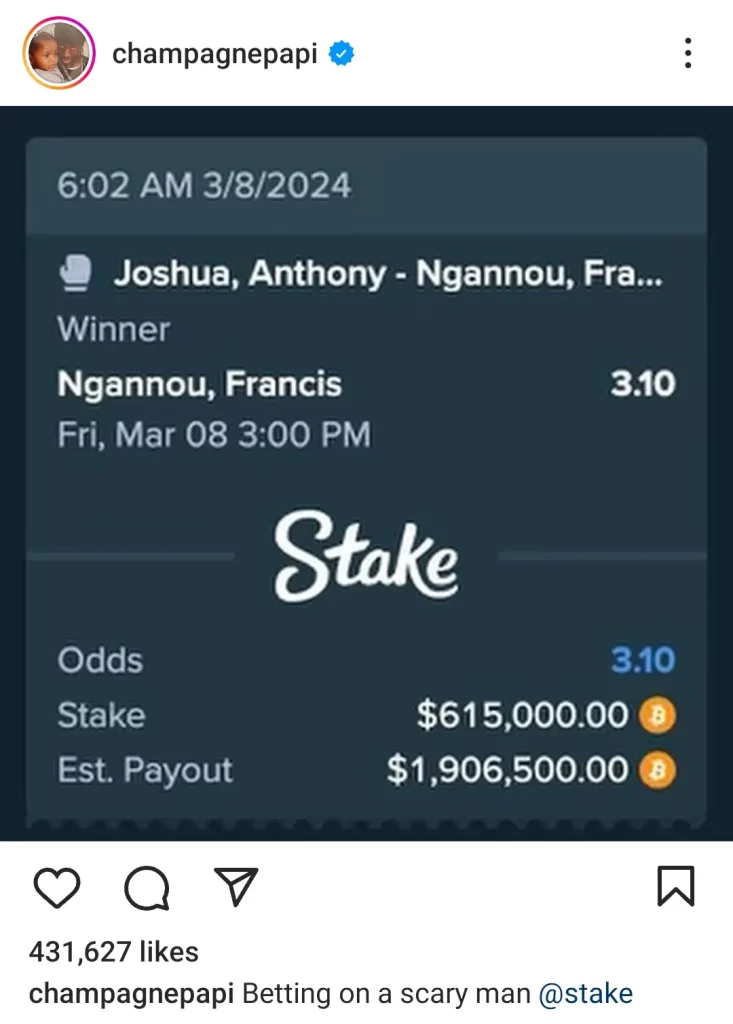 Singer Drake loses $615k bet on Francis Ngannou vs Anthony Joshua fight