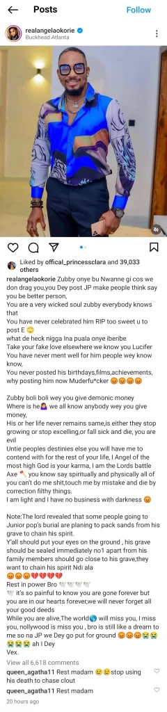 Nollywood actress Angela Okorie accuses Zubby Michael of killing Junior Pope