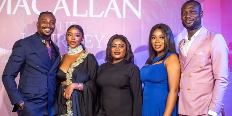 L-R: The Macallan Brand Educator and Ambassador, Lagos, Daniel Atteh; Filmmaker and Producer, Diane Russet; Assistant Brand Manager, Edrington Portfolio Nigeria, Idorenyin Emmanson; The Macallan Brand Specialist, Omodolapo Olaiwole and The Macallan Brand Specialist, Rasaq Makanjuola during The Macallan A Night On Earth Influencer Launch at the Booze.ng, Victoria Island, Lagos, on Saturday, 25th May 2024.