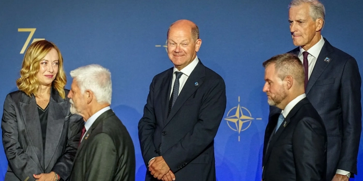 Germany's Chancellor Olaf Scholz (C) joins Giorgia Meloni, Prime Minister of Italy, and Jonas Gahr Store, Prime Minister of Norway, at the celebrations to mark the 75th anniversary of the North Atlantic Treaty Organization (NATO). Credit: Kay Nietfeld/dpa