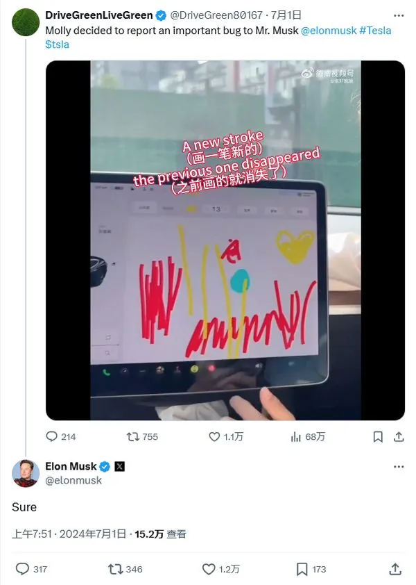 Musk responds as 7-year-old Chinese girl reports Tesla car bug
