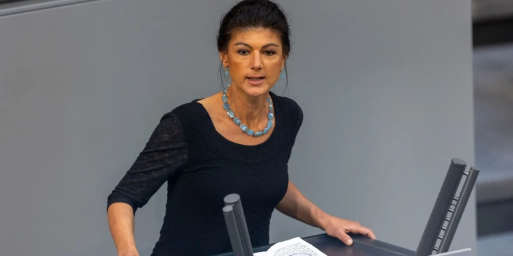 Sahra Wagenknecht, Federal Chair of the Sahra Wagenknecht Alliance (BSW), speaks during the debate on the "European Council and NATO Summit" in the 177th session of the Bundestag. German populist politician Wagenknecht is campaigning for the country to resume importing Russian oil for the PCK refinery in the eastern German city of Schwedt. (Credit: Lucas Röhr/dpa)