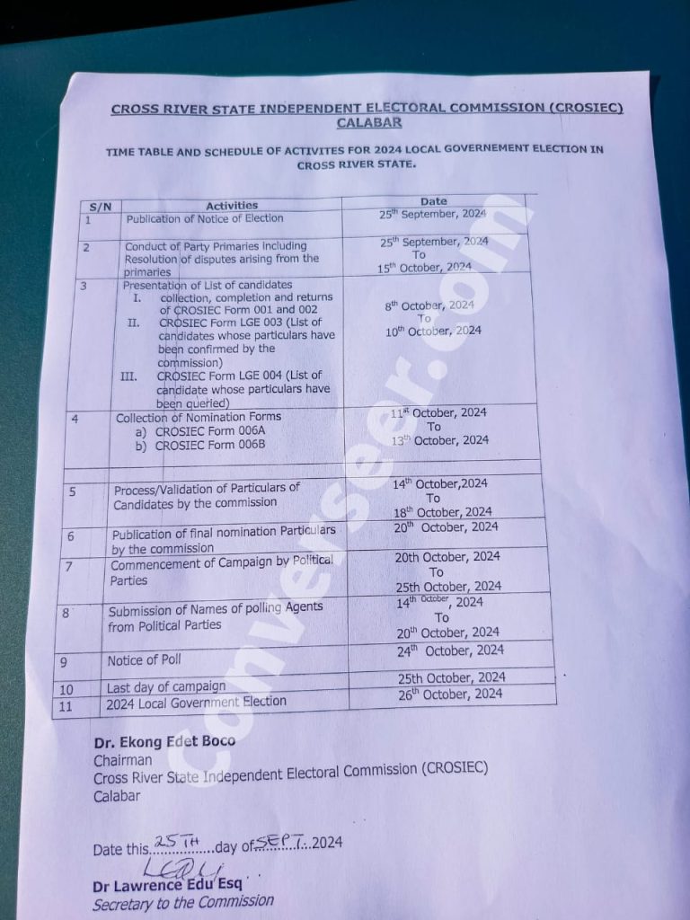 CROSIEC sets 26th October for 2024 Local Government Election | Full Timetable