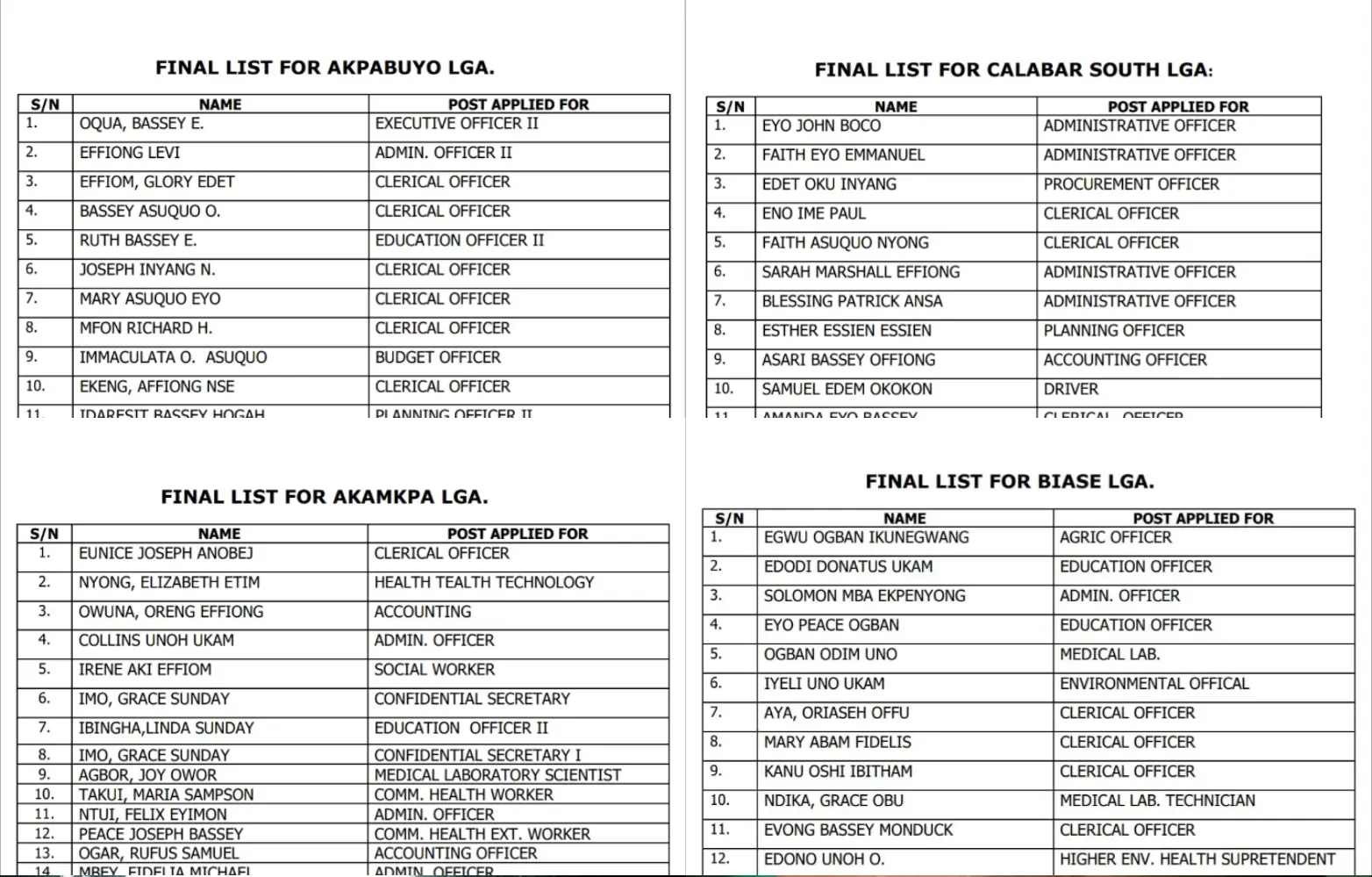 Full list of shortlisted candidates for Unified Local Government Service Commission recruitment in Cross River