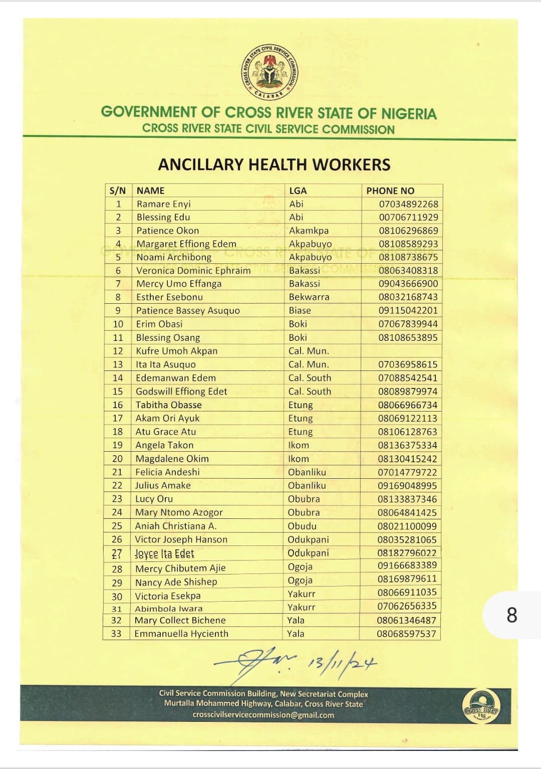 Full List of Shortlisted Applicants for Cross River Civil Service Commission Job