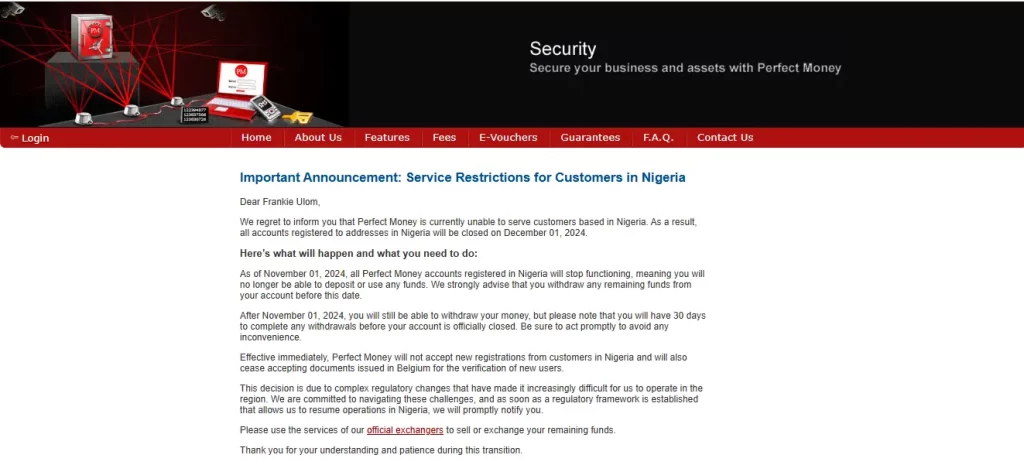 Perfect Money Announces Service Suspension for Nigerian Customers Due to Regulatory Challenges