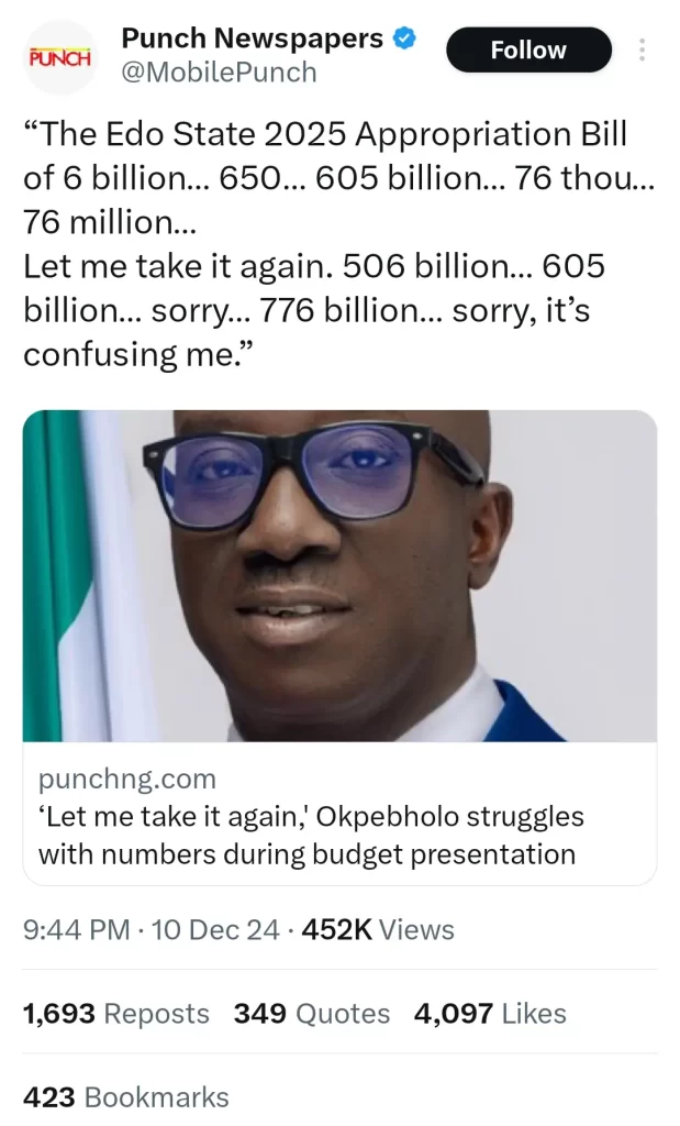 Nigerians Troll Governor Okpebholo After Goofing on Budget Presentation, Dig Up His WAEC Result