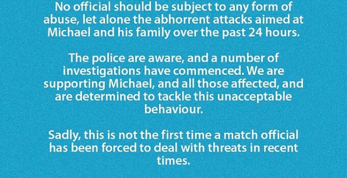 Police Investigating Threats and Abuse Targeting Referee Michael Oliver Following Controversial Red Card for Arsenal's Myles Lewis-Skelley