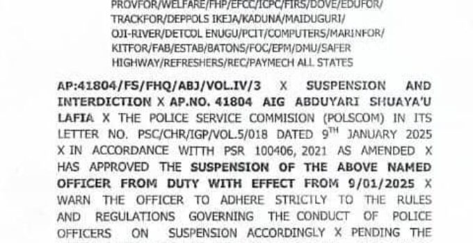 EXCLUSIVE: Nigerian Police AIG Lafia Abdulyari Suspended for Tampering with Retirement Records to Extend Tenure, Seeks Favorable Resolution