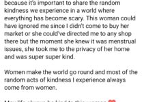 Woman recounts a kind gesture from a banana vendor during her travels when she needed a restroom.