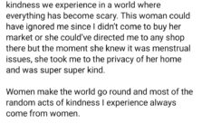 Woman recounts a kind gesture from a banana vendor during her travels when she needed a restroom.