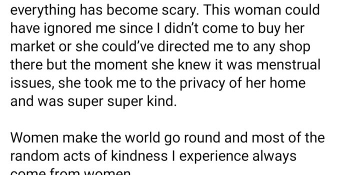 Woman recounts a kind gesture from a banana vendor during her travels when she needed a restroom.