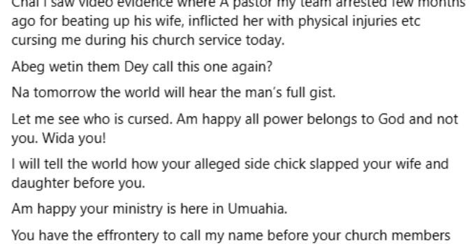 Abia Pastor Whose Team Arrested for Assaulting His Wife Cursed Me During Church Service, Claims Human Rights Activist