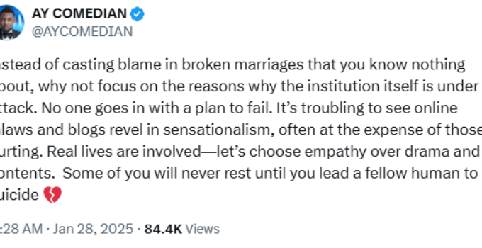 Rather than assigning blame in broken marriages you aren’t familiar with, let’s examine the underlying reasons the institution is facing challenges – Ay Makun