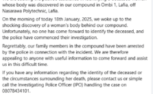 Unidentified Woman's Lifeless Body Discovered Behind a Compound in Nasarawa