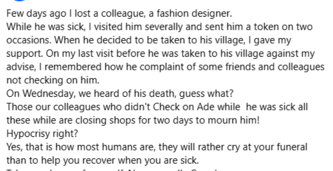 Nigerian Man Criticizes Colleagues for Mourning Fashion Designer After His Death, While Ignoring Him During Illness