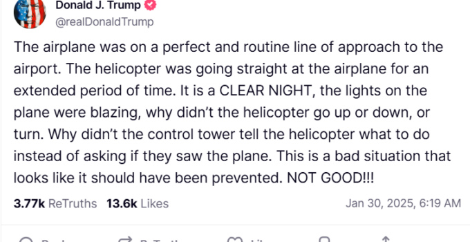 Unacceptable: Trump Responds to Mid-Air Collision Involving US Army Helicopter and Passenger Plane with 64 People Onboard