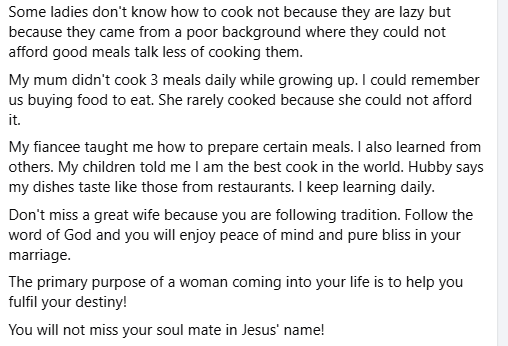 Don't overlook your destiny helper, soulmate, prayer partner, and comforter just because she can't cook – Nigerian woman offers advice to men