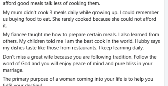 Don’t overlook your destiny helper, soulmate, prayer partner, and comforter just because she can’t cook – Nigerian woman offers advice to men