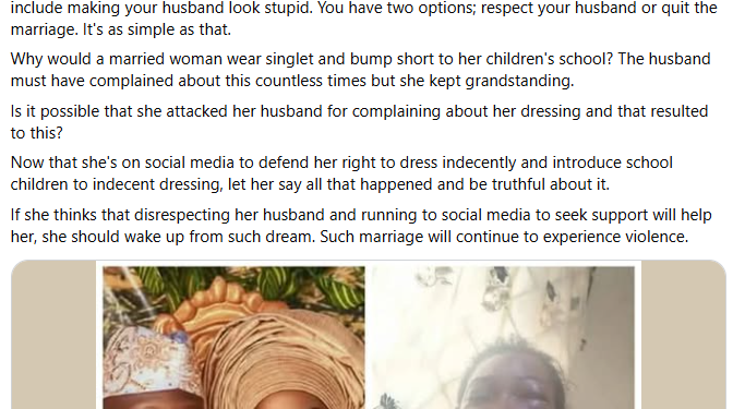 Honor Your Husband or Leave the Marriage: Nigerian Man Criticizes Woman Abused by Her Husband for Wearing a Tank Top During School Runs