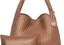 PS PETITE SIMONE Large Woven Tote Bag for Women – Stylish Leather Handbag with Braided Design and Top Handle in Hazel, Now 43% Off!