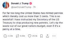 Trump Urges US Treasury to Halt New Penny Production