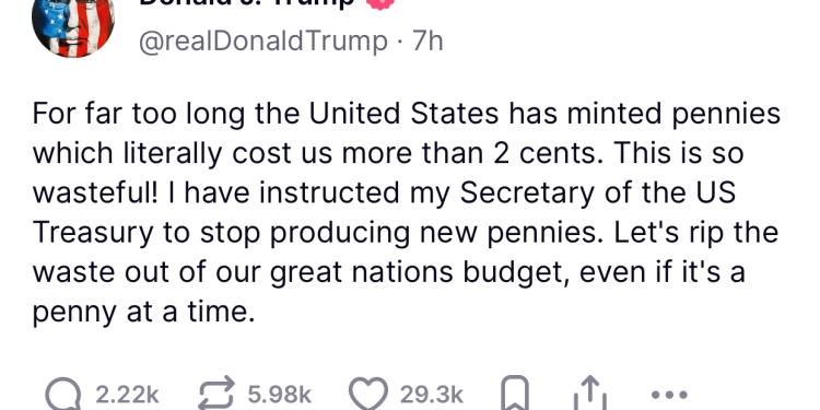Trump Urges US Treasury to Halt New Penny Production
