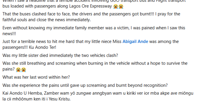 Man Grieves After Learning His Niece Was Among Those Killed in Ondo Auto Crash