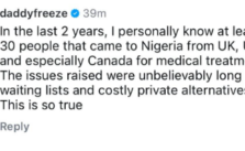 Daddy Freeze Supports Health Minister's Assertion that Patients from the UK and US Travel to Nigeria for Medical Care