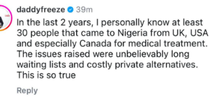 Daddy Freeze Supports Health Minister’s Assertion that Patients from the UK and US Travel to Nigeria for Medical Care