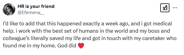 Nigerian Woman Shares How Her Boss and Colleagues Rescued Her After She Collapsed Following a Gas Leak Post