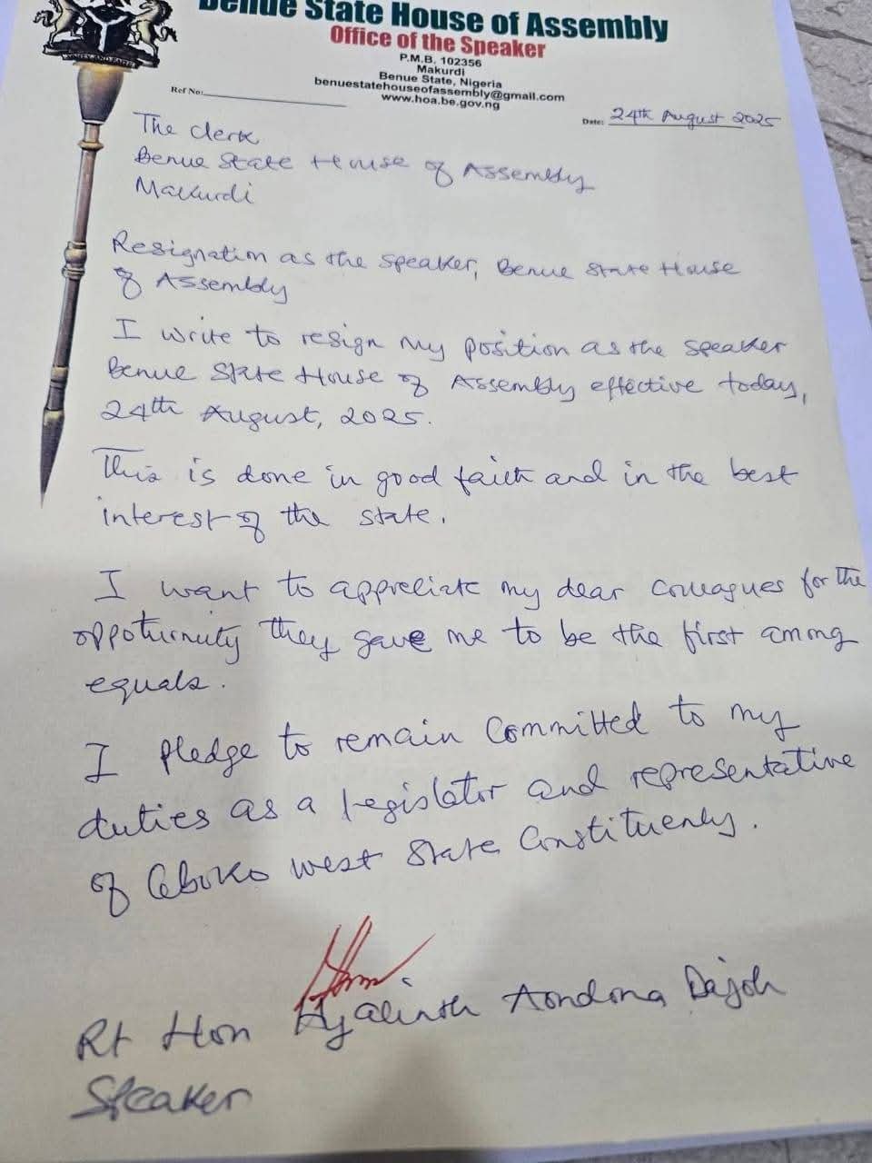 Benue Assembly Speaker resigns