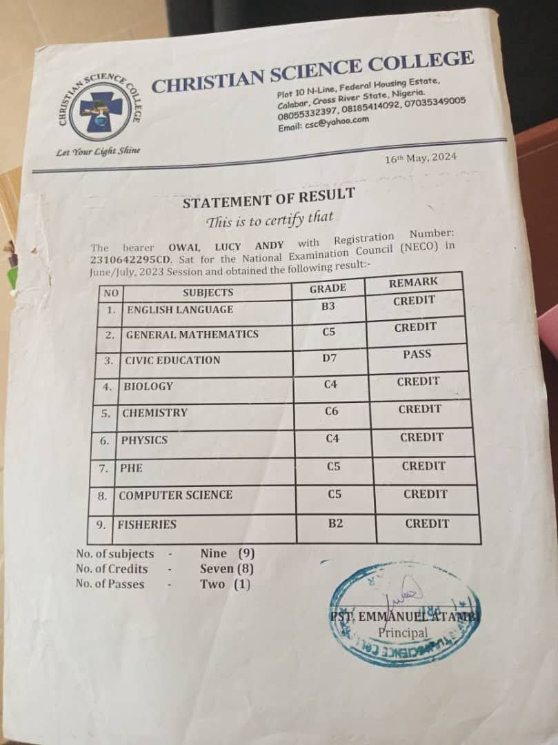 Missing NECO statement of results found at Health Tech Calabar