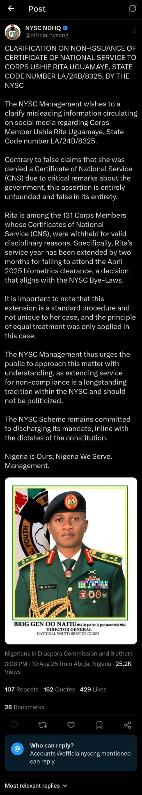 NYSC disables comments on post about non-issuance of certificate to Ushie Rita Uguamaye
