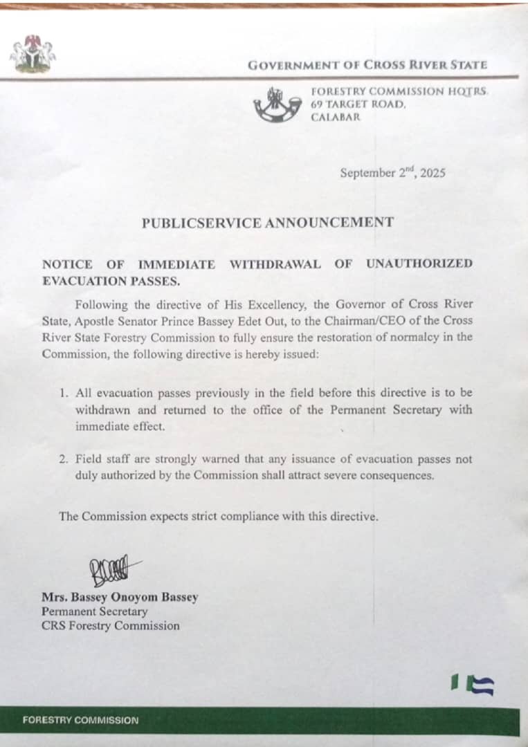 Cross River Forestry Commission orders withdrawal of unauthorised passes