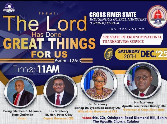 CRSIGM Cross River Indigenous Gospel Ministers to host 3rd annual state interdenominational Thanksgiving Service in Calabar