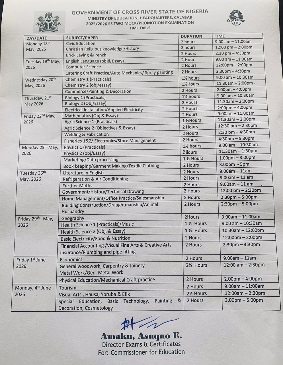 Primary 6 BECE SS II Mock exams timetable Cross River releases timetables for Primary 6, BECE and SS II Mock exams