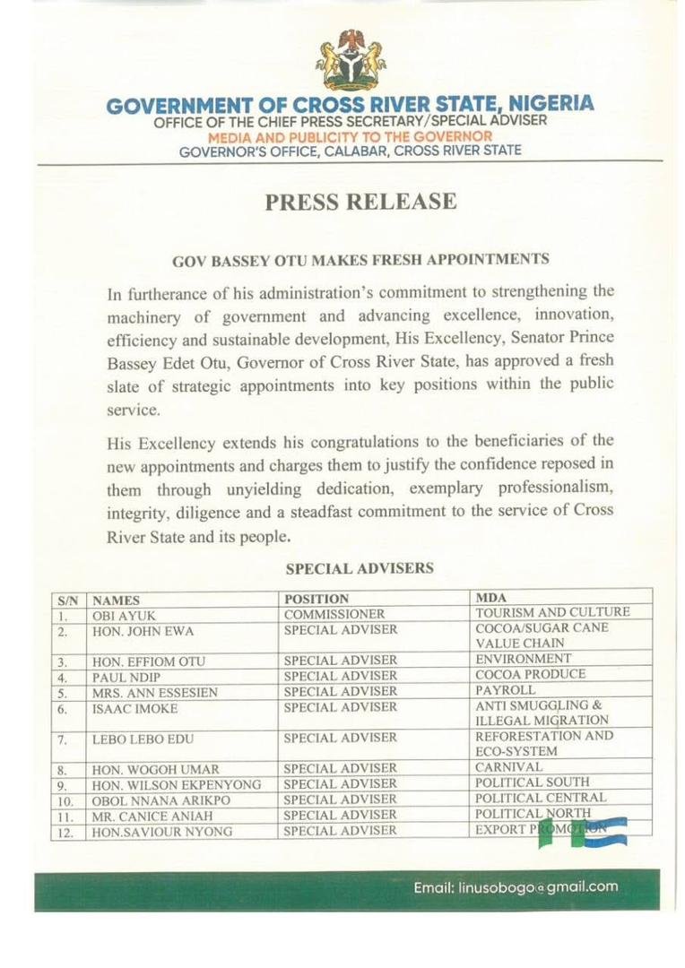 bassey otu 107 appointees Gov. Otu Appoints New Tourism Commissioner, 7 DGs, 30 SAs, 38 Directors, 32 Others