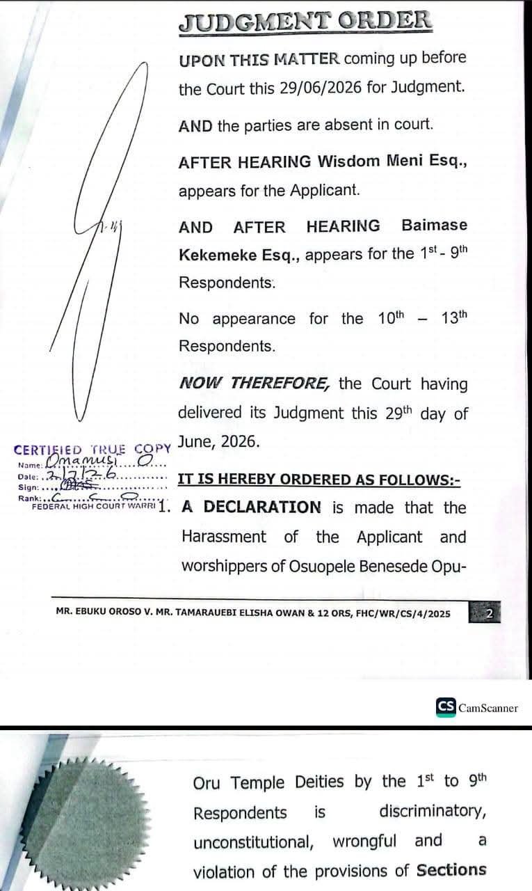 FB IMG 1783086384993 Court awards ₦200m damages to traditional worshippers, orders pastor to rebuild shrine