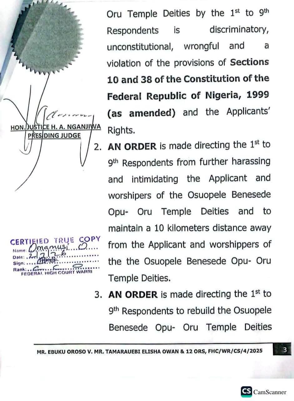 FB IMG 1783086386784 Court awards ₦200m damages to traditional worshippers, orders pastor to rebuild shrine