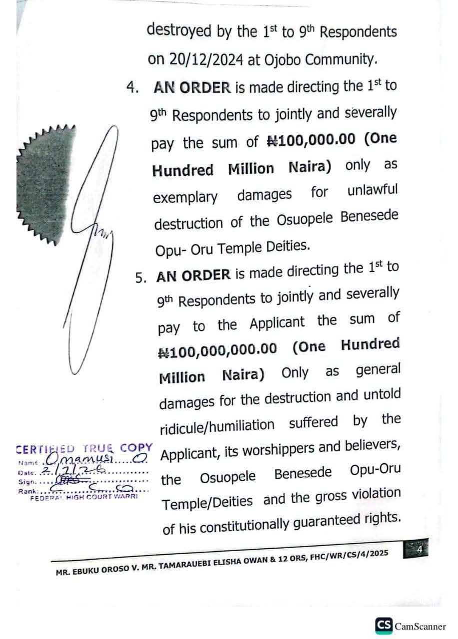 FB IMG 1783086388432 Court awards ₦200m damages to traditional worshippers, orders pastor to rebuild shrine