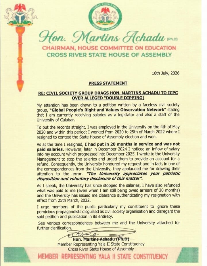 Martins Achadu UNICAL Documents 2 "I Voluntarily Reported Payments and Made Refunds To UNICAL" - Hon. Achadu Refutes Double Salary Allegation
